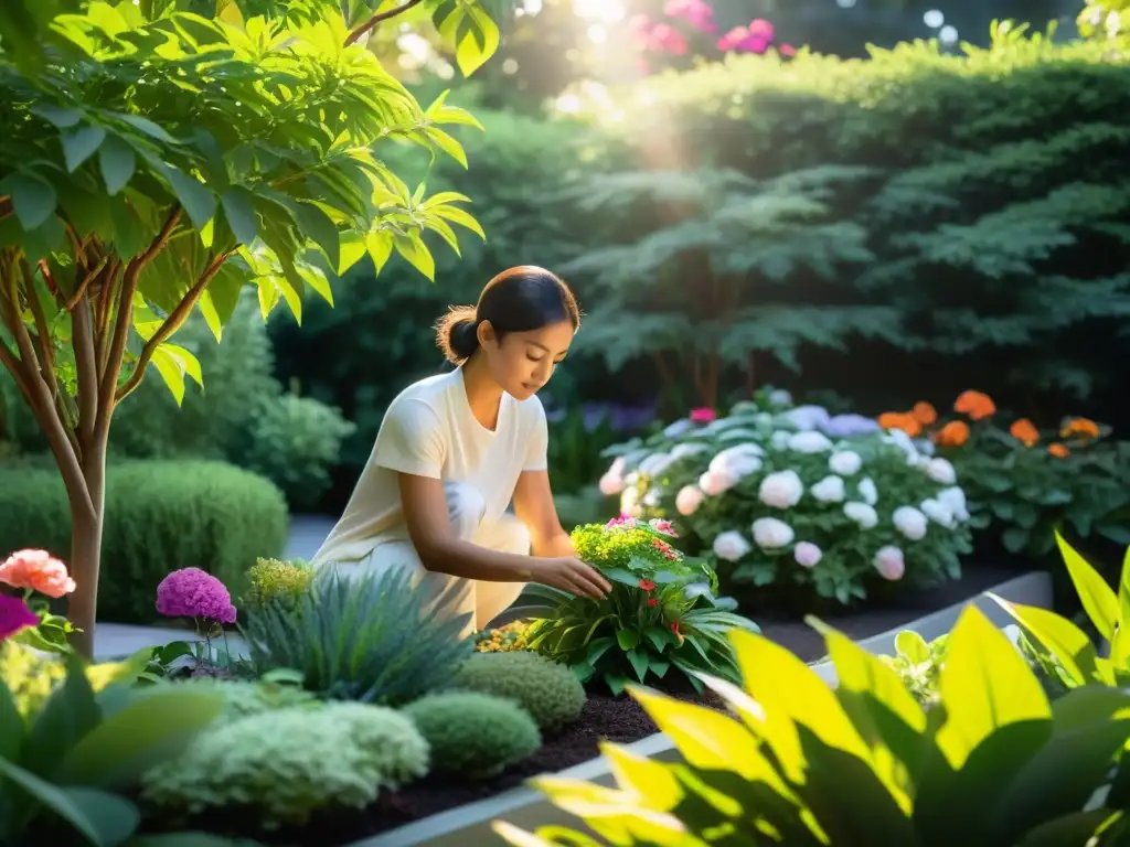 Persona cuidando un jardín vibrante, rodeada de naturaleza exuberante