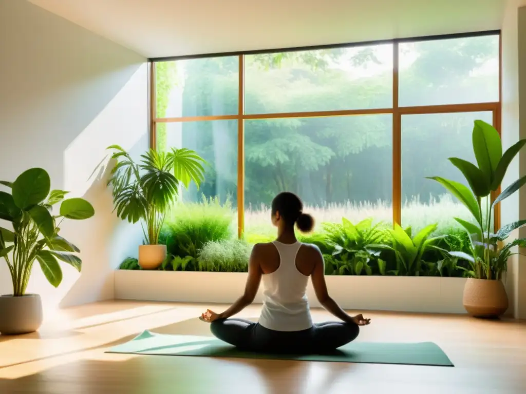 Persona practicando yoga en un espacio luminoso con plantas verdes, transmitiendo tranquilidad