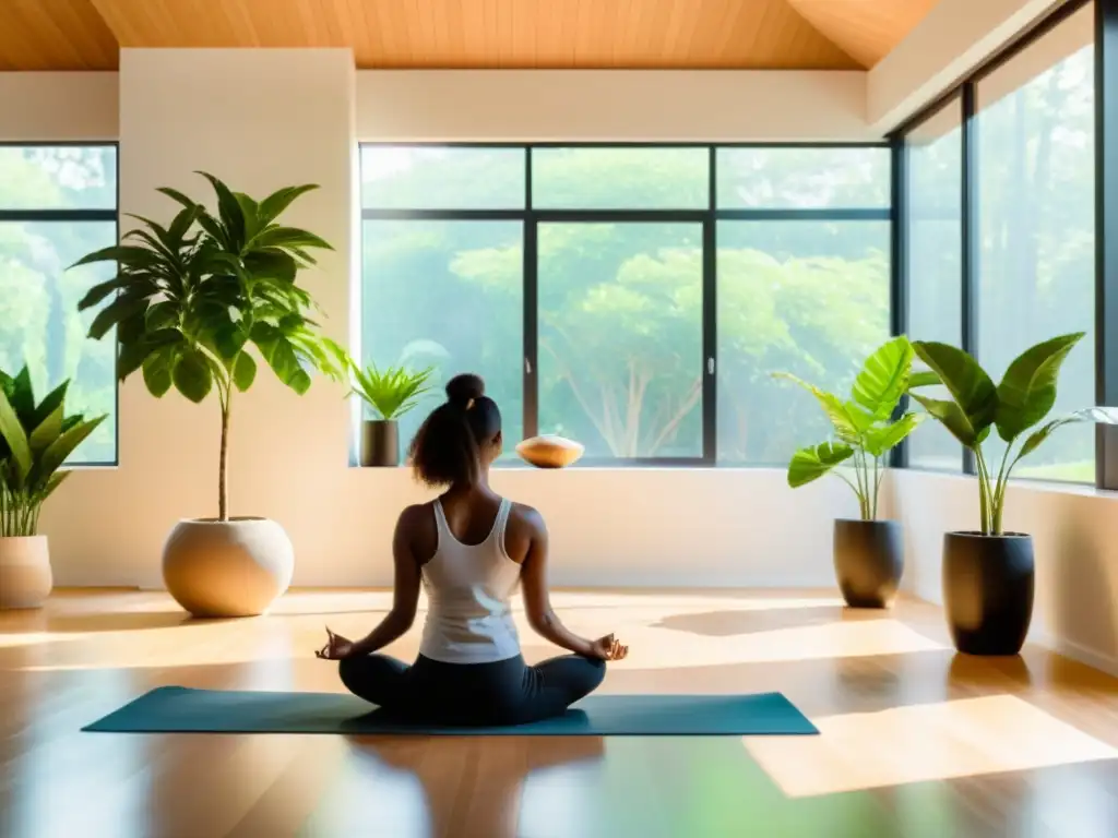 Persona practicando yoga en un salón minimalista bañado por luz natural