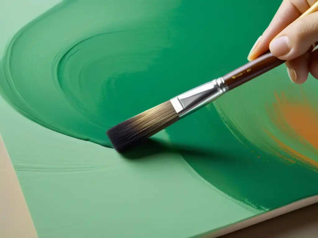 El pincel aplica una pincelada de pintura no tóxica en un lienzo, evocando una sensación de mindfulness y ecoconsciencia