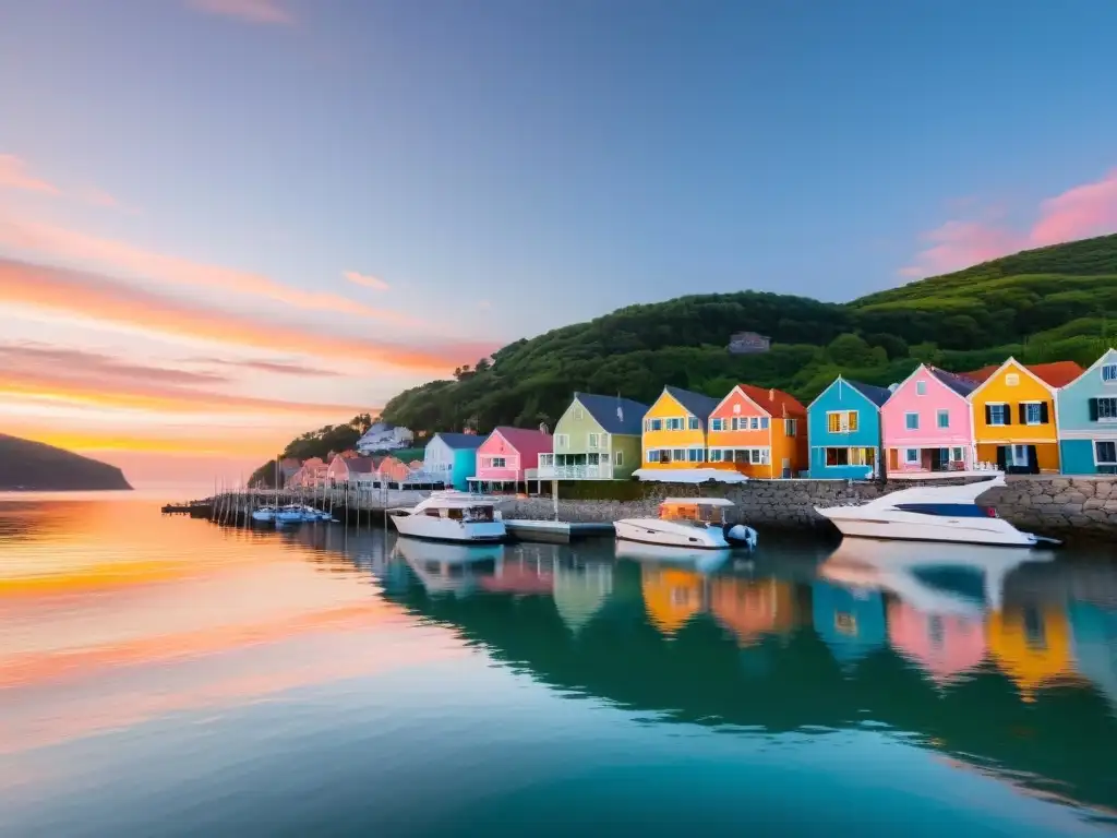 Pintoresco pueblo costero con casas de colores pastel, reflejándose en el agua tranquila