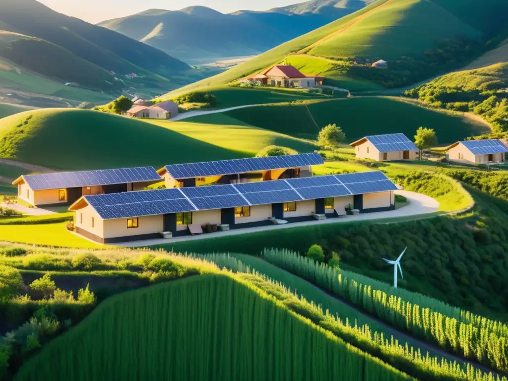 Un pintoresco pueblo offgrid entre verdes colinas, con paneles solares y molinos eólicos integrados