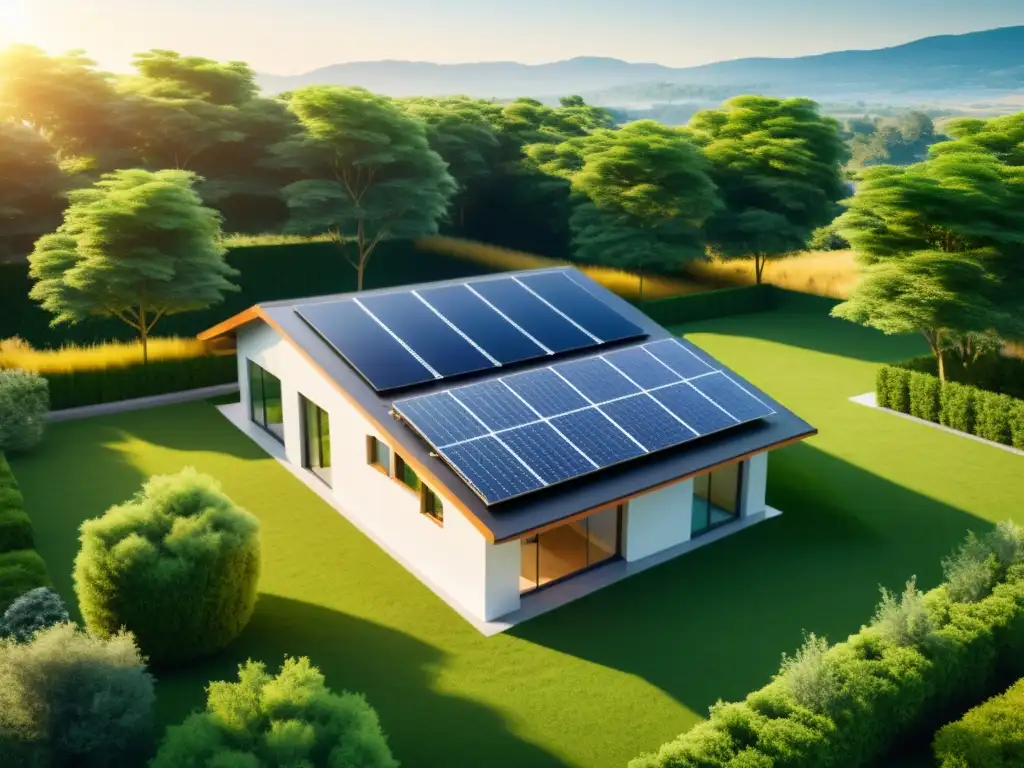 Pintura solar para hogar sostenible: Ilustración minimalista de una moderna casa residencial con paneles solares integrados en el techo, rodeada de exuberante vegetación y bañada por la cálida luz del sol