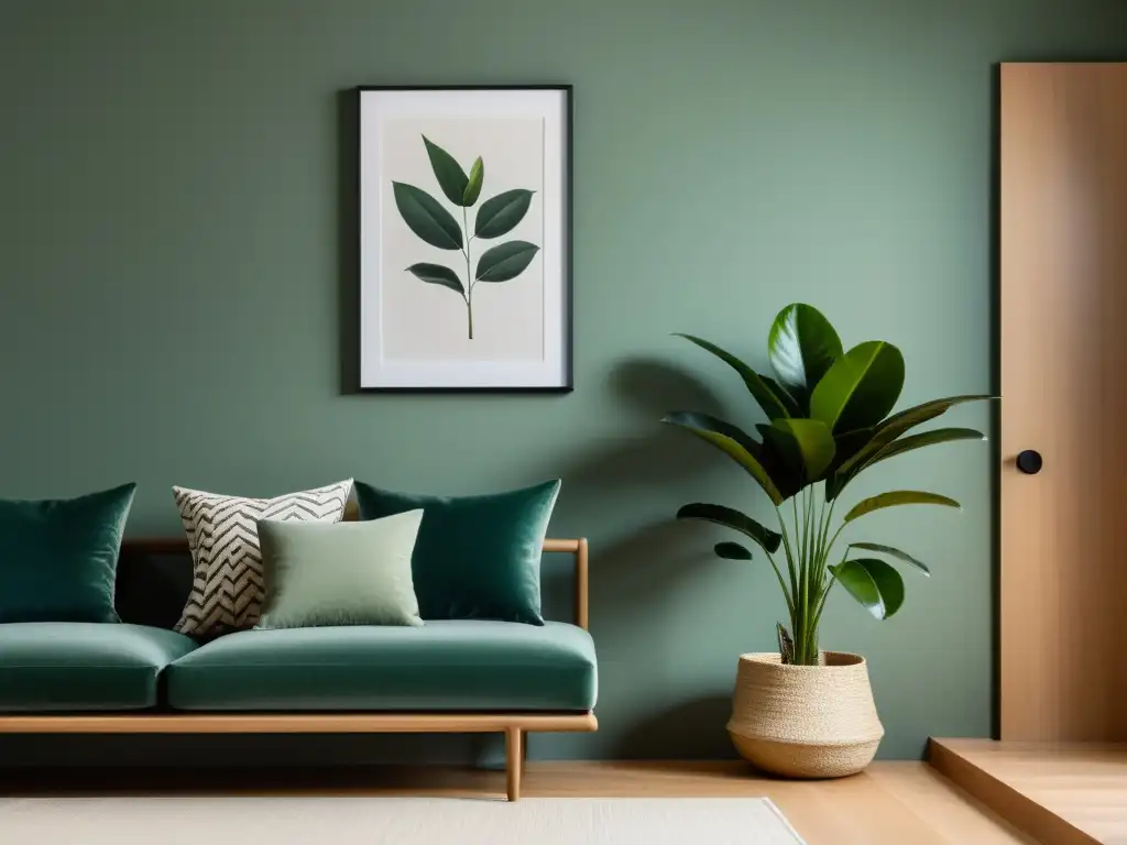 Pinturas ecológicas para un hogar sostenible: Sala minimalista con decoración botánica, iluminación natural y atmósfera tranquila