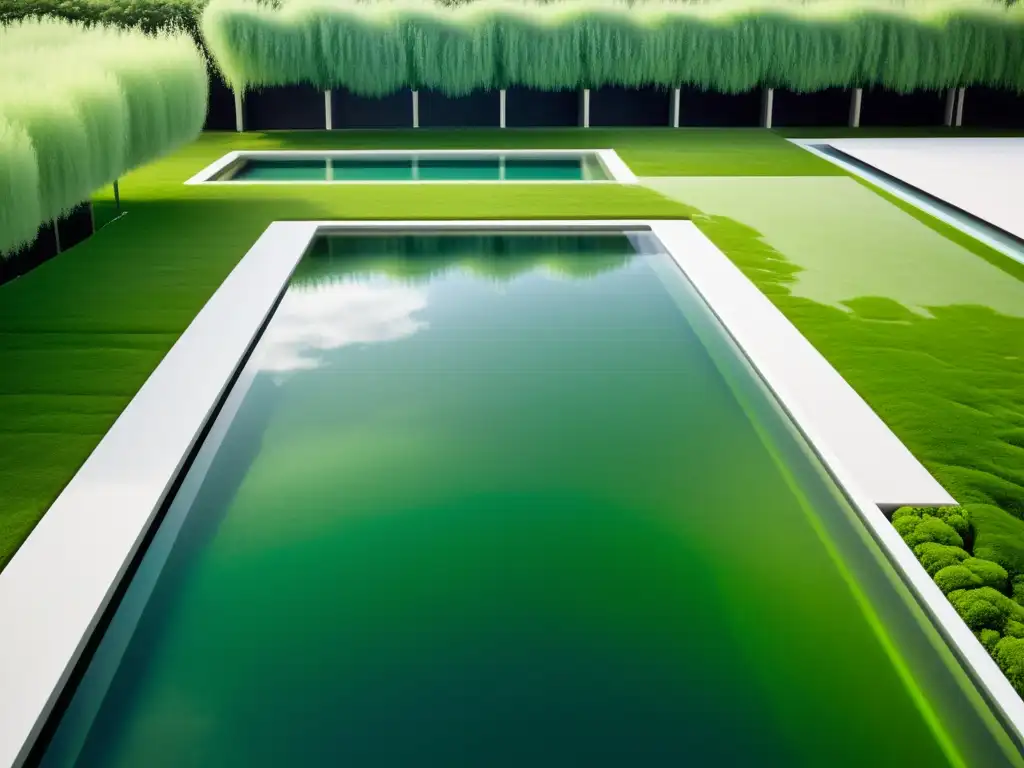 Una piscina cristalina con bioenergía y algas verdes vibrantes, fusionando tecnología y naturaleza en armonía