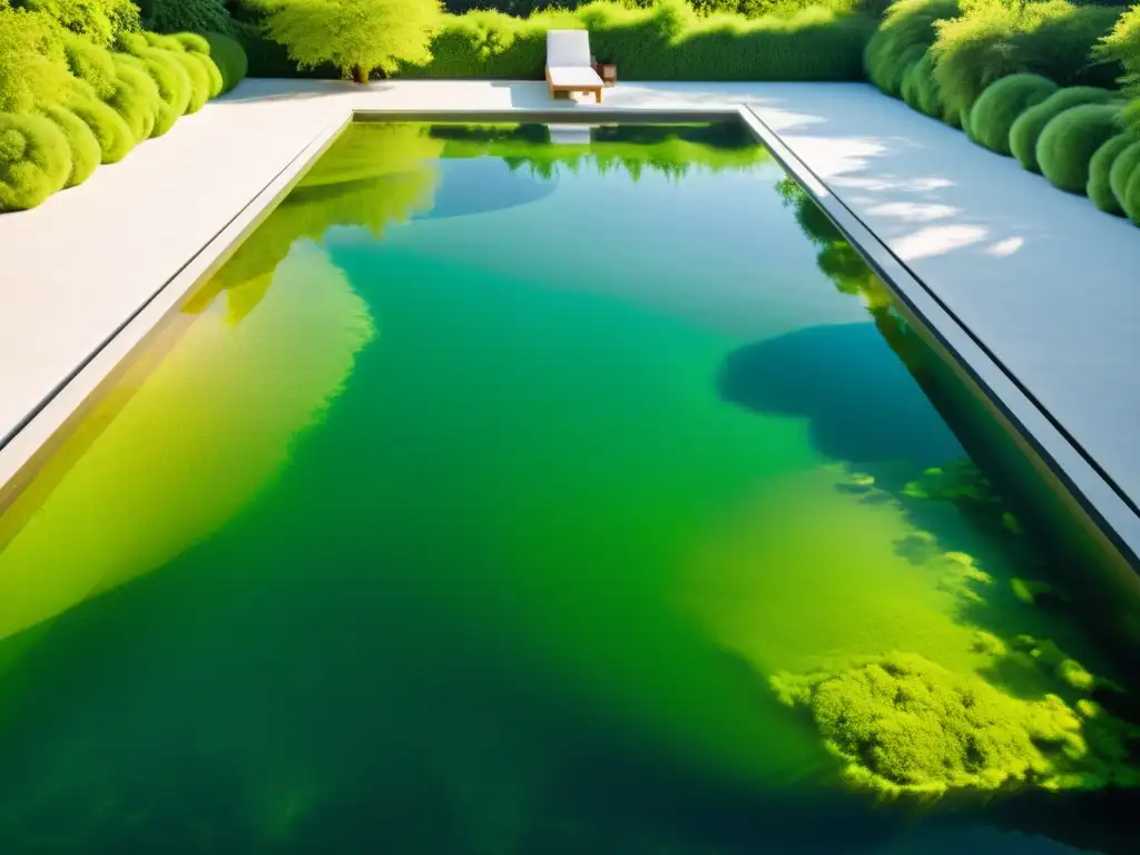 Una piscina cristalina rodeada de exuberante vegetación, con algas verdes vibrantes flotando bajo la superficie