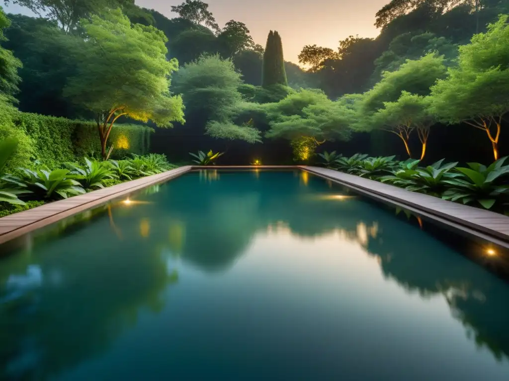 Una piscina tranquila iluminada por la luna rodeada de exuberante vegetación, reflejando una atmósfera serena y encantadora