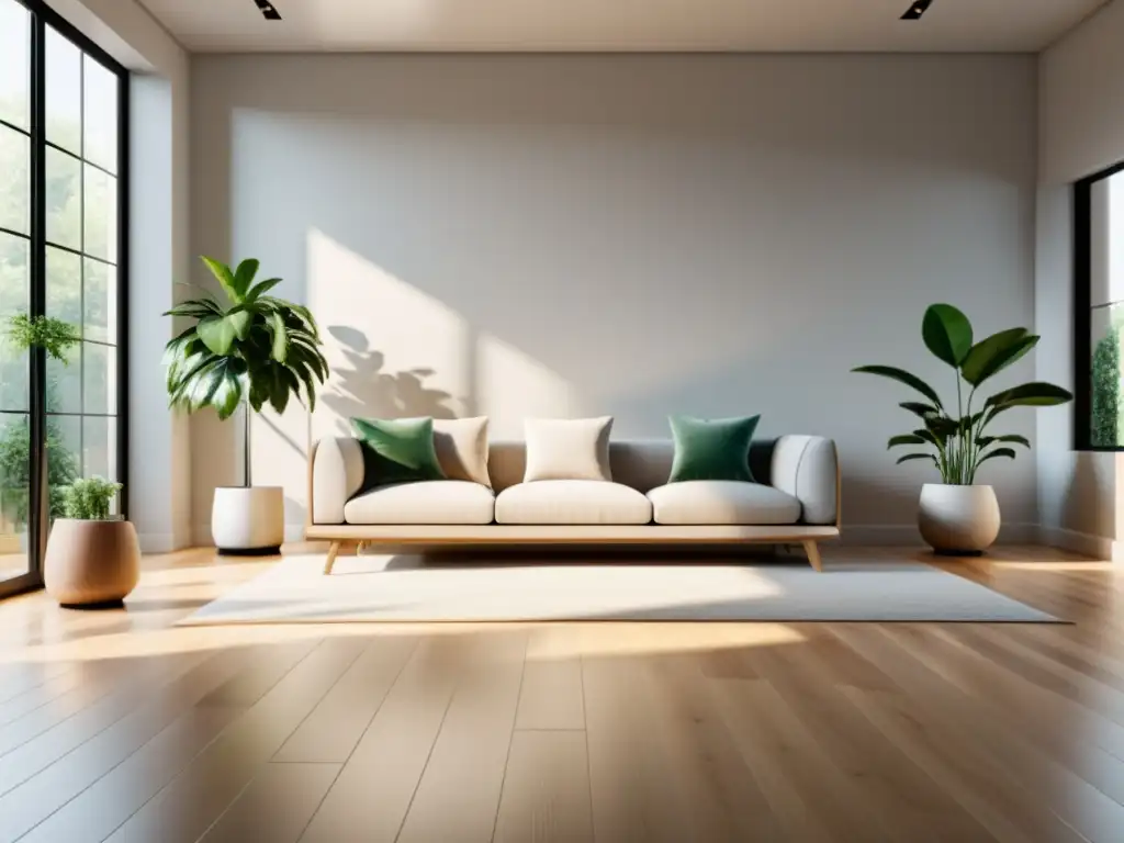 Pisos sostenibles para hogar: Sala minimalista con suelo de madera clara, luz natural y plantas verdes