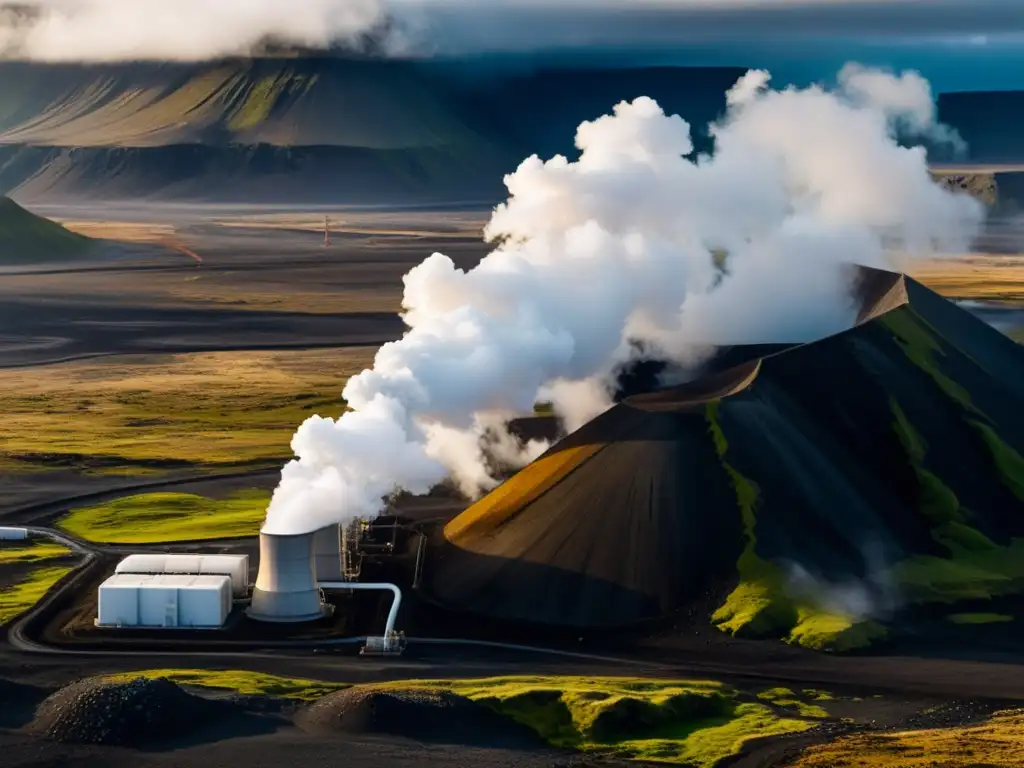 Una planta de energía geotérmica en Islandia, rodeada de paisajes volcánicos