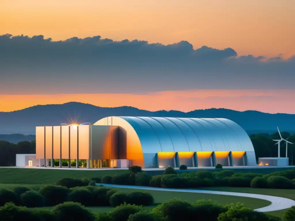 Una planta de energía de residuos a la vanguardia, rodeada de naturaleza exuberante, con diseño futurista y líneas limpias