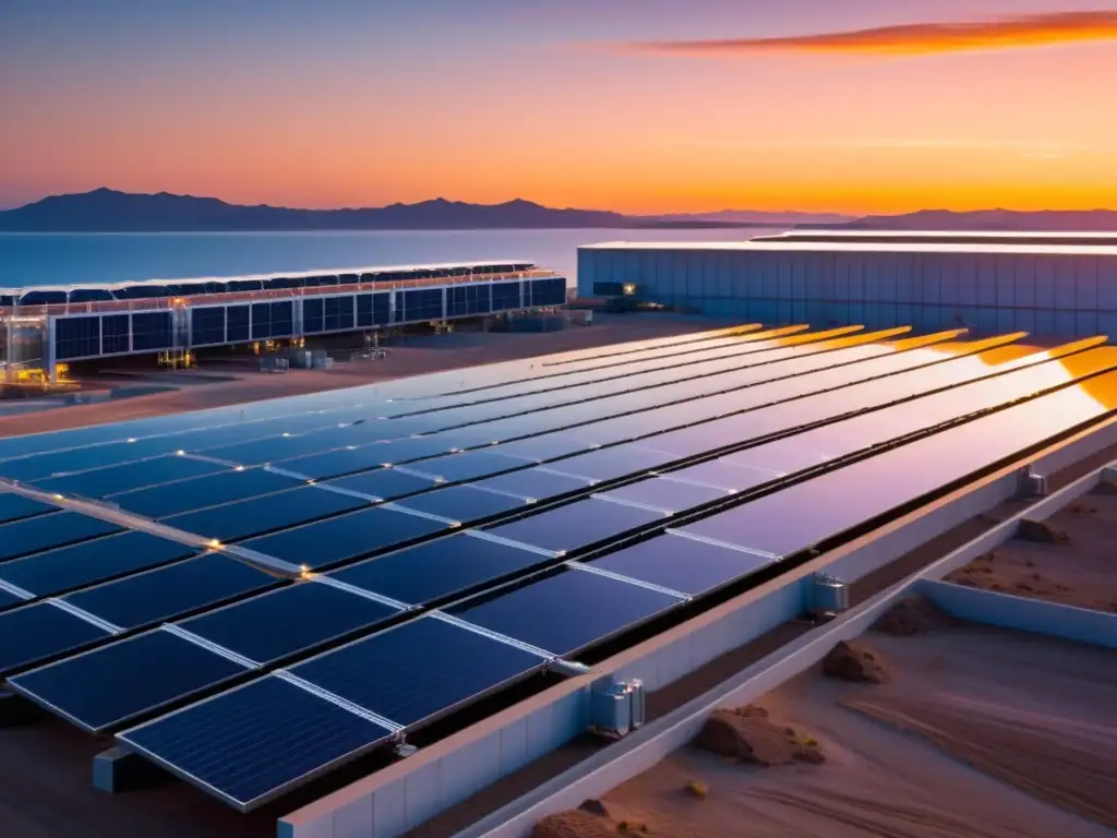 Una planta de desalinización energizada por el sol en un atardecer vibrante, simbolizando soluciones energía solar desalinización agua