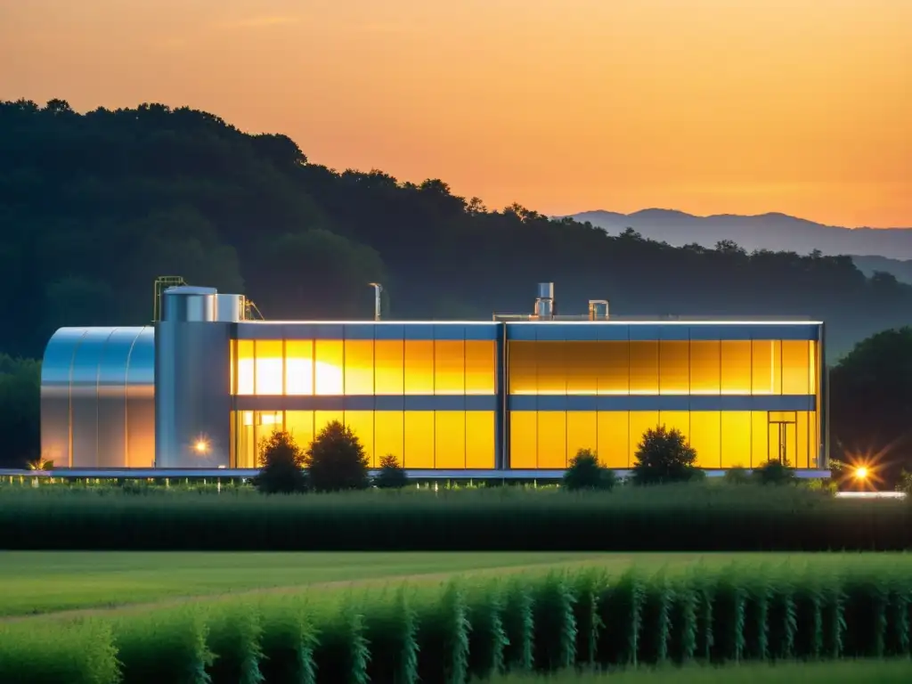 Planta de bioenergía moderna al atardecer: simbiosis natural y sostenible Una planta bioenergética moderna en armonía con la naturaleza, reflejando luz dorada al atardecer