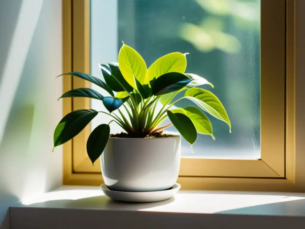 Una planta verde exuberante en maceta blanca sobre alféizar moderno