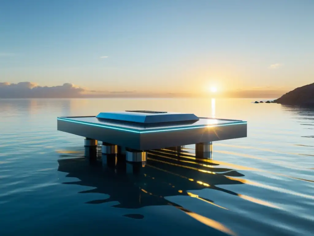 Plataforma de energía marina sostenible con inteligencia artificial en un mar tranquilo al atardecer, irradiando innovación y tecnología de vanguardia