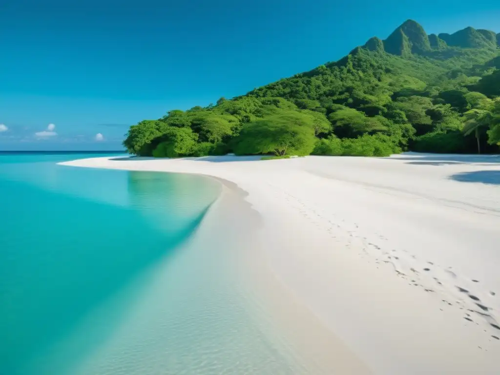 Playa idílica con aguas turquesa, arena blanca y un bosque verde exuberante al fondo