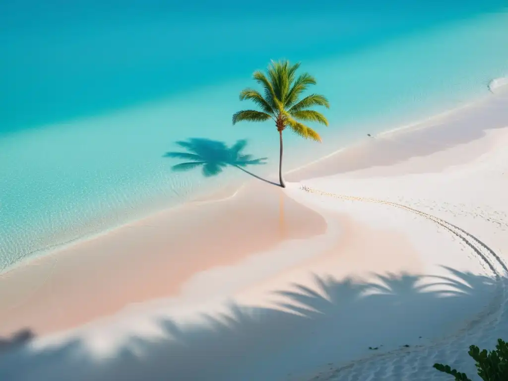 Una playa prístina con agua turquesa, una palmera solitaria y cielo pastel