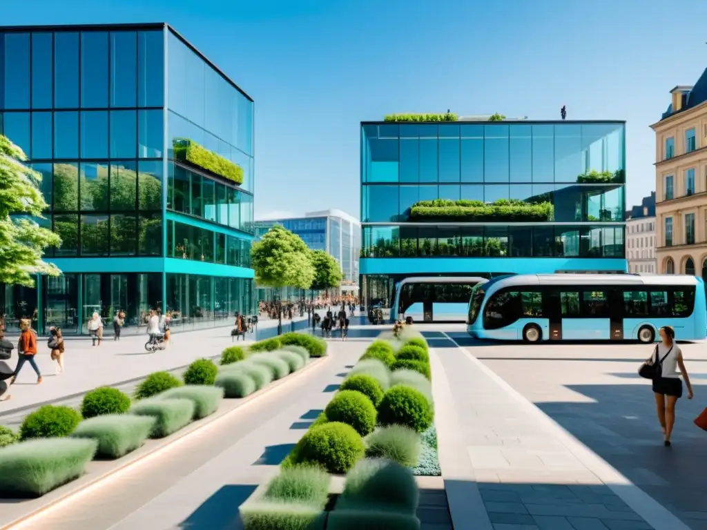 Plaza de ciudad europea con arquitectura moderna y sostenible, integrando vegetación