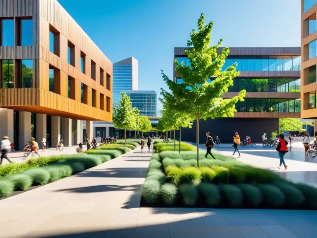 Plaza urbana sostenible con vegetación, esculturas modernas y arquitectura innovadora