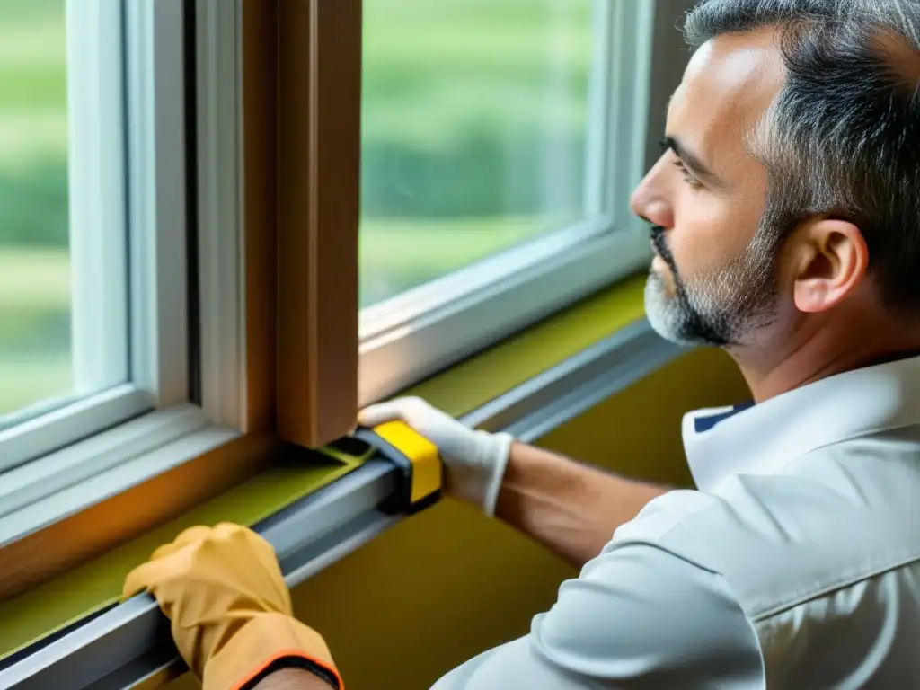 Un profesional sella con precisión una fuga de aire en un marco de ventana