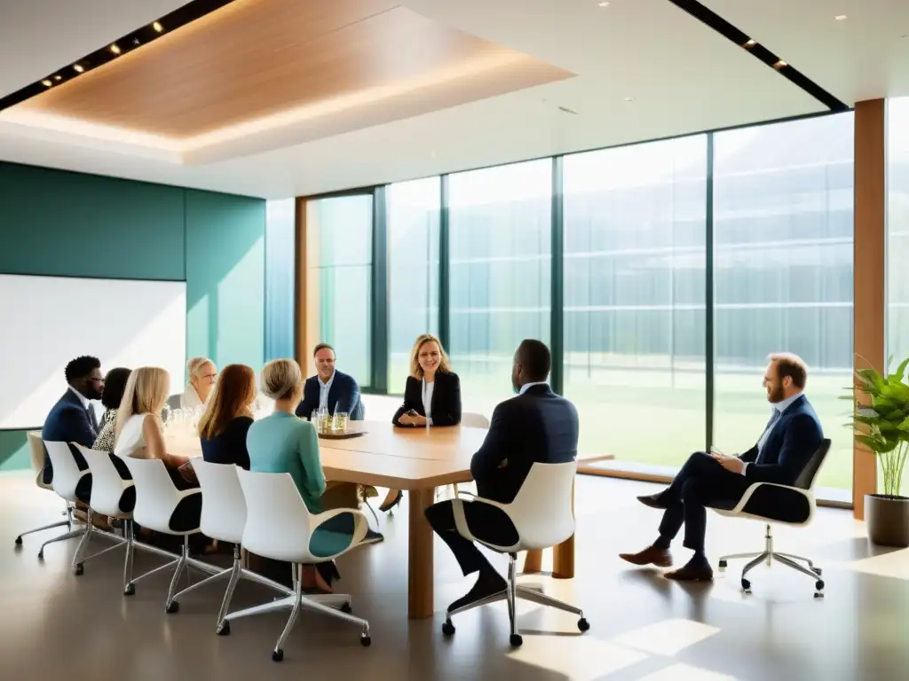 Profesionales colaborando en conferencia sobre desafíos ambientales y desmantelamiento de aerogeneradores, con decoración minimalista y luz natural