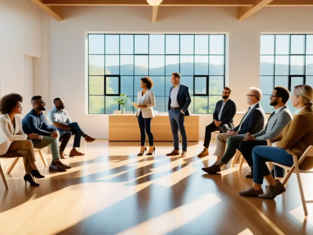 Profesionales participando en una formación de líderes en sostenibilidad energética, en un espacio moderno con luz natural