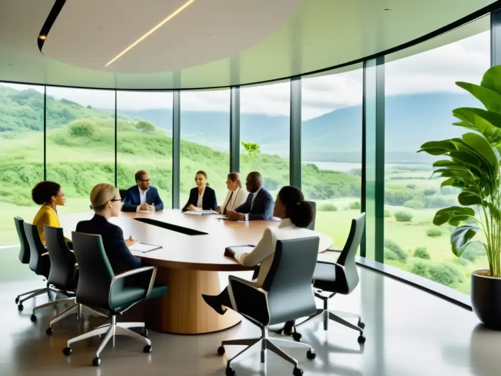 Profesionales negocian técnicas de negociación para políticas de energía renovable en una sala luminosa con vista a la naturaleza