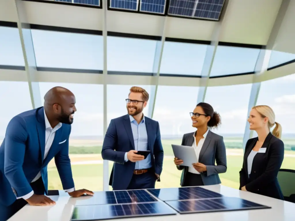 Profesionales en trajes de negocios colaboran en sala iluminada con tecnología de energía renovable