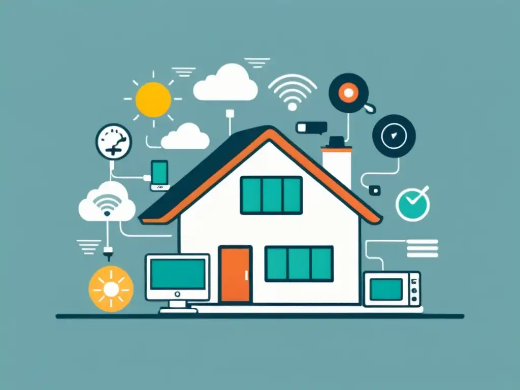 Programación dispositivos uso energético eficiente: Ilustración minimalista de un hogar inteligente con dispositivos interconectados y eficiencia energética