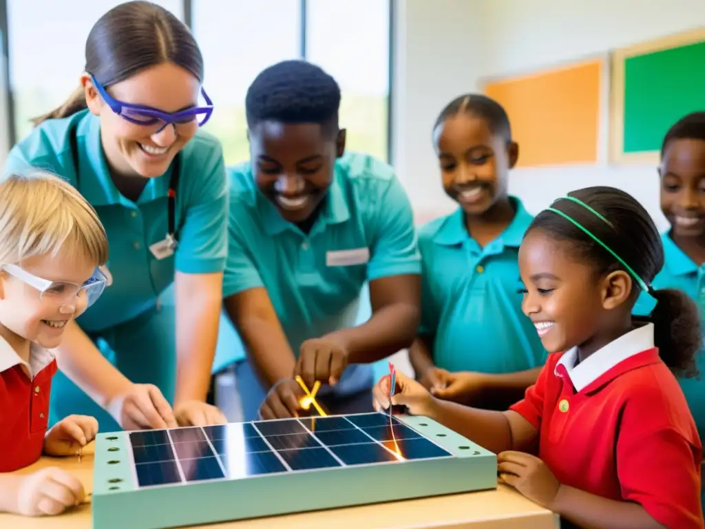 Programas didácticos energía solar niños: Niños sonrientes ensamblan paneles solares bajo la atenta mirada de su orgullosa maestra en un aula luminosa