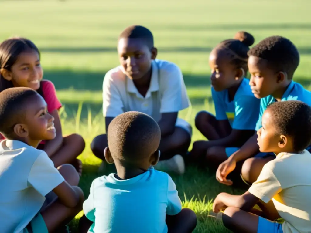 Programas didácticos energía solar niños: Niños escuchan atentos a su maestro sobre energía solar, iluminados por lámpara solar en campo sereno