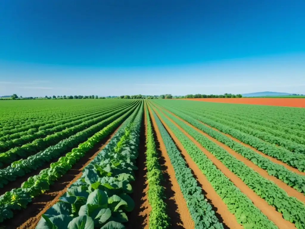 Un próspero campo orgánico rebosante de cultivos saludables, bajo un cielo azul