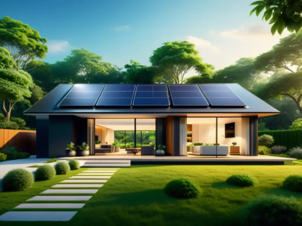 Proveedor de energía verde para una casa sostenible con tecnología y naturaleza