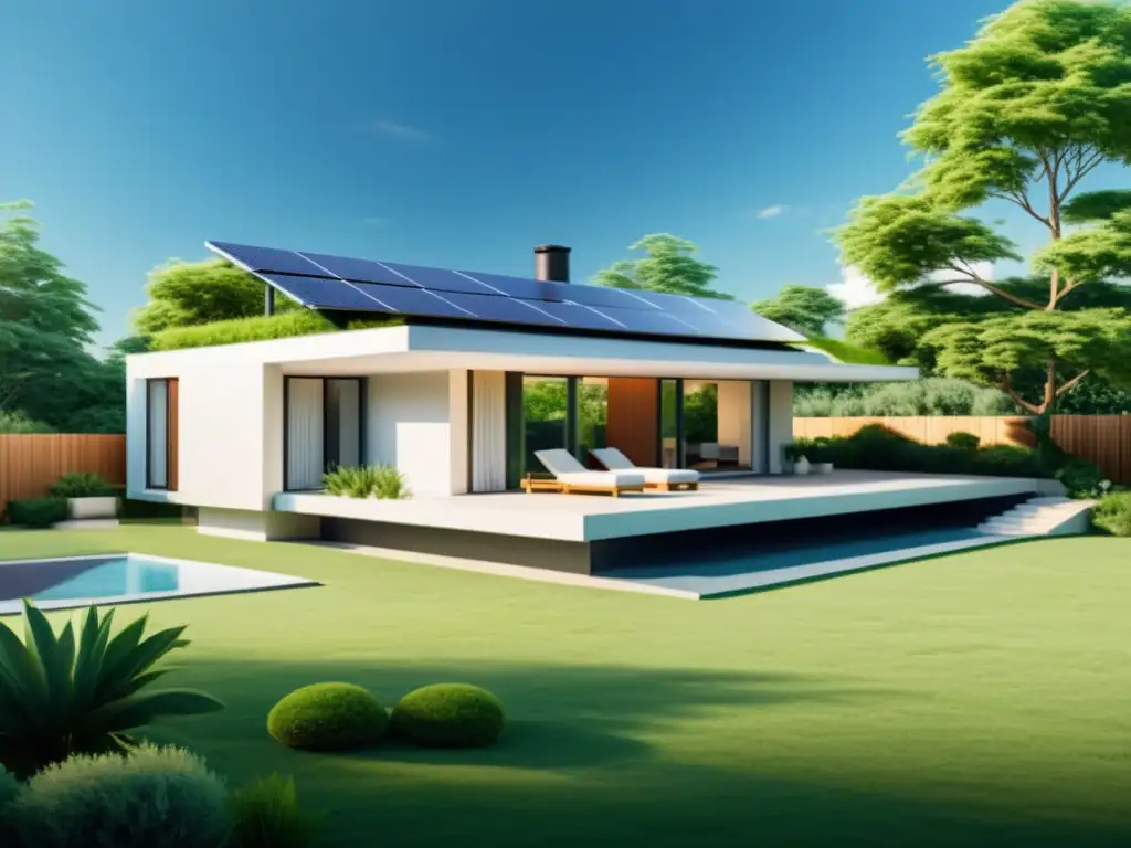 Proveedor de energía verde para una casa sostenible con paneles solares y paisaje exuberante