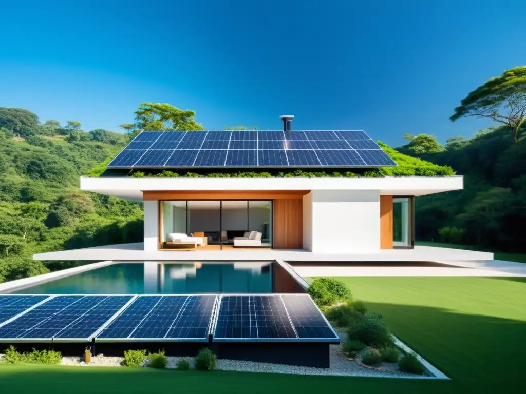 Proveedor de energía verde para una casa sostenible rodeada de naturaleza y paneles solares en el tejado, integrándose armoniosamente con el entorno