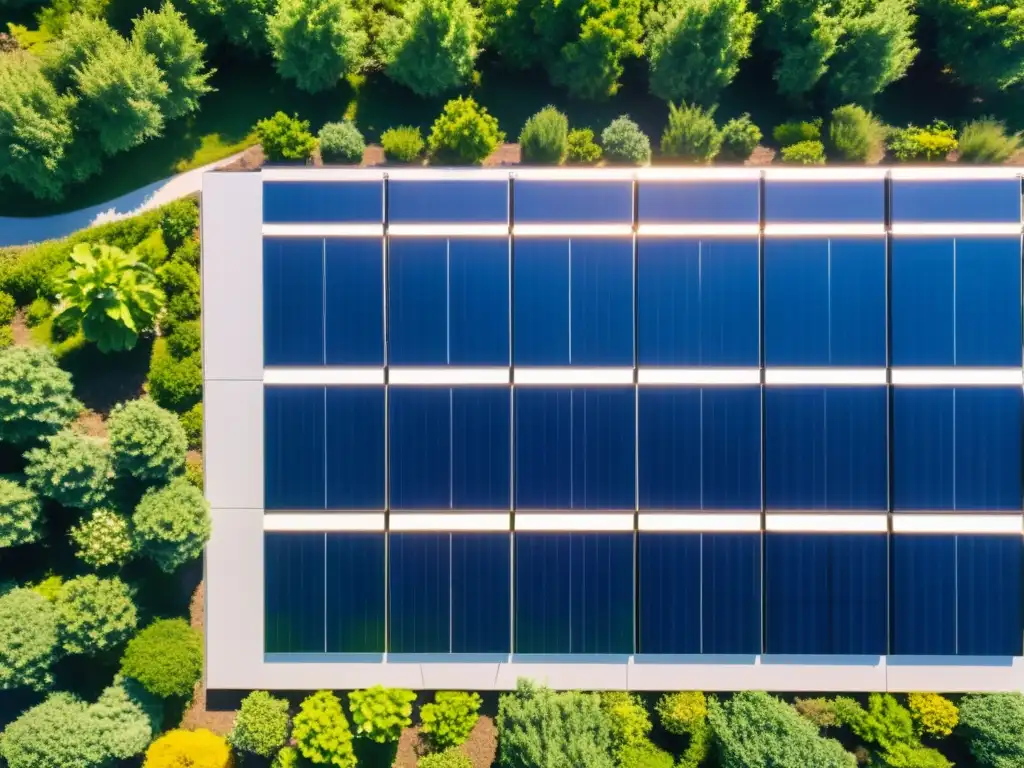 Proyecto de energía solar comunitaria sostenible: modernos paneles solares brillan bajo el sol en un entorno verde y armonioso