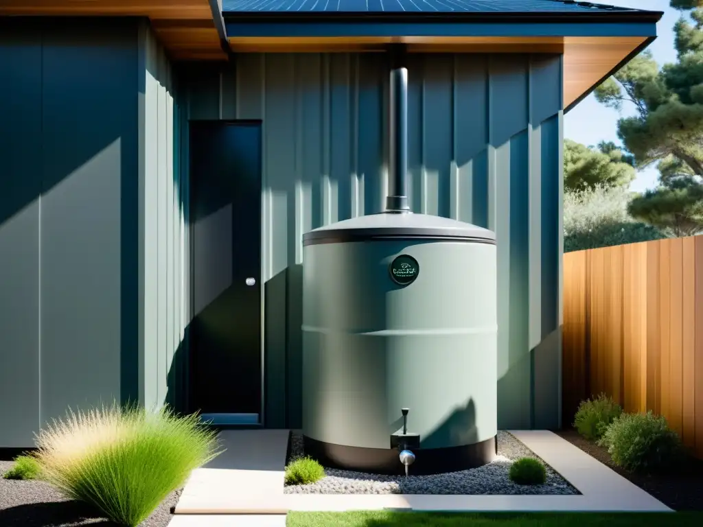 Proyecto DIY de recogida de agua lluvia sostenible integrado en una casa moderna y elegante, con barriles para capturar el agua de lluvia