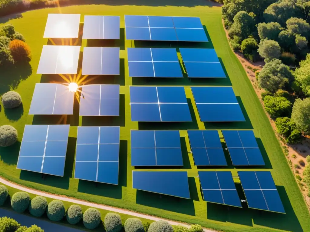 Gestión de proyectos de energía solar comunitaria: Paneles solares modernos y elegantes brillan bajo el sol en un campo luminoso