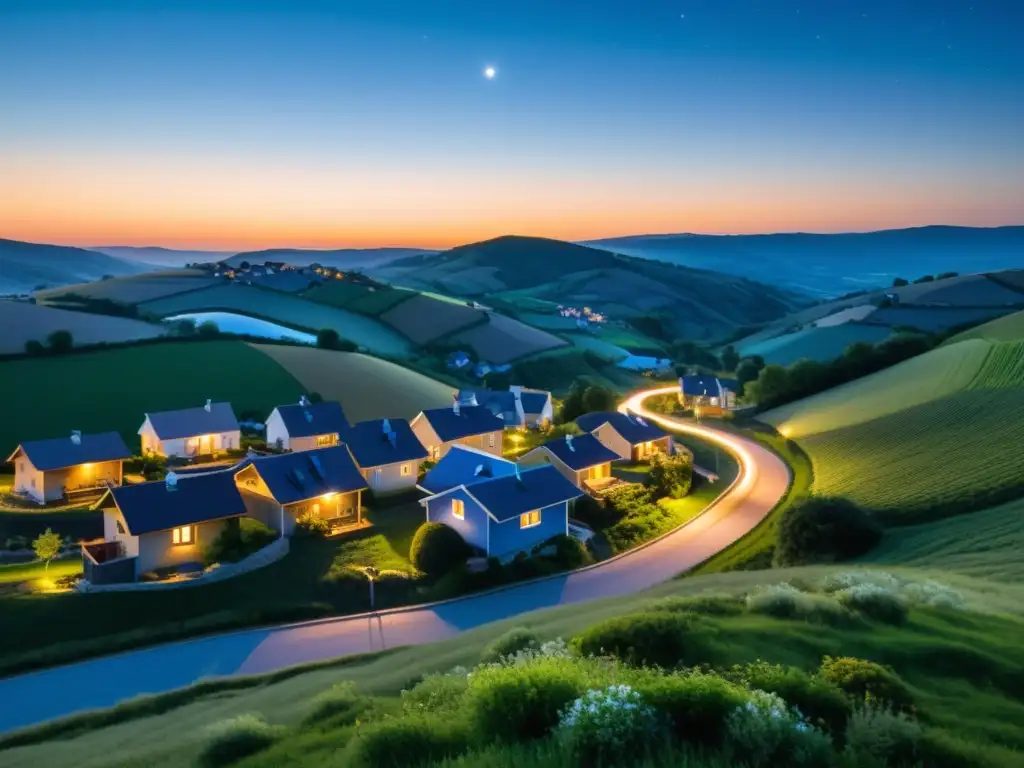 Un pueblo rural iluminado por eficientes farolas solares, creando un ambiente seguro y comunitario en contraste con la oscuridad circundante