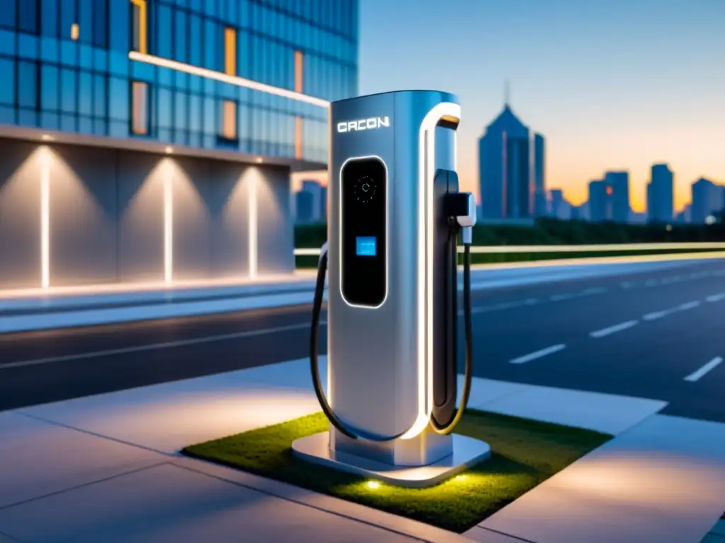 Un punto de carga futurista para vehículos eléctricos, con diseño minimalista, iluminación suave y un entorno urbano moderno