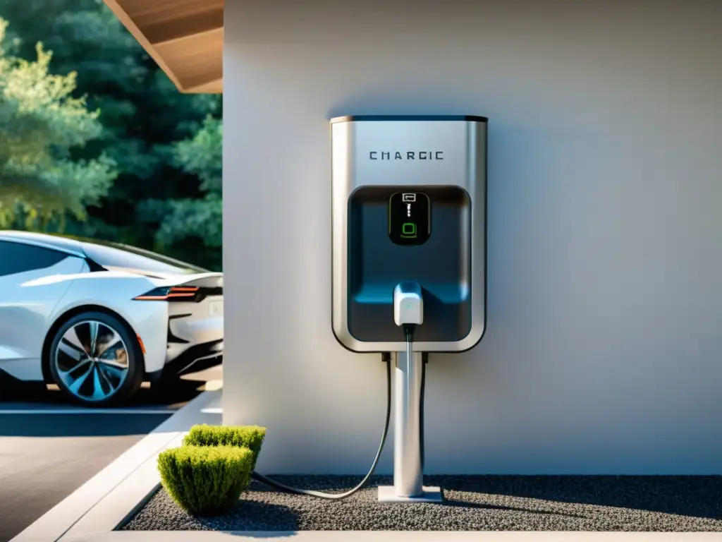 Integrar punto carga vehículos eléctricos en garaje moderno con estación de carga elegante y vehículo conectado