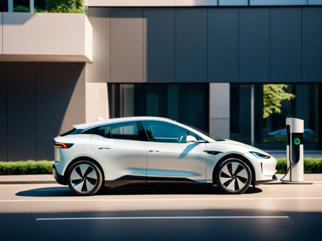 Instalación puntos carga vehículos eléctricos sostenible: Coche eléctrico en estación de carga urbana, integración sostenible