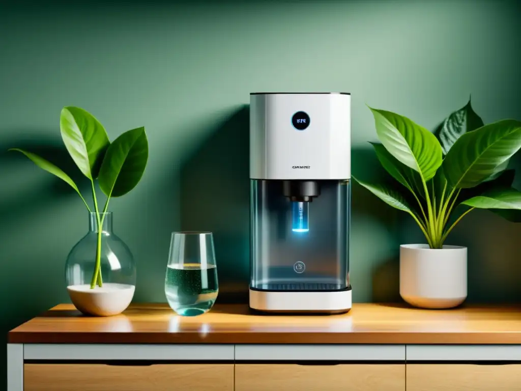 Purificador de agua casero sostenible con diseño minimalista, rodeado de agua fresca y plantas verdes exuberantes