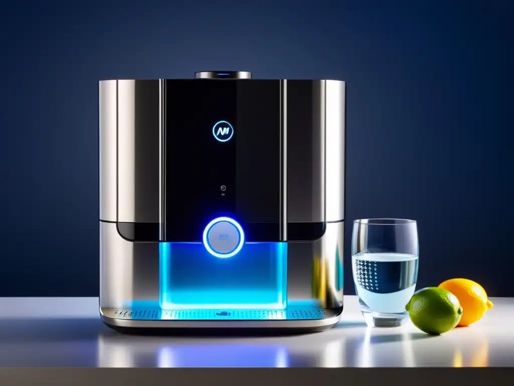 Un purificador de agua con luz UV de diseño moderno y elegante, emitiendo un suave brillo