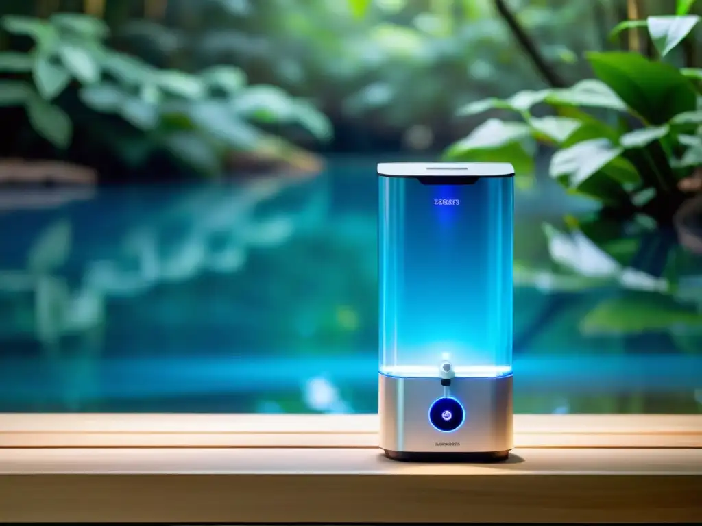 Un purificador de agua con luz UV moderno, minimalista, iluminado con suave luz azul, en un entorno natural sereno