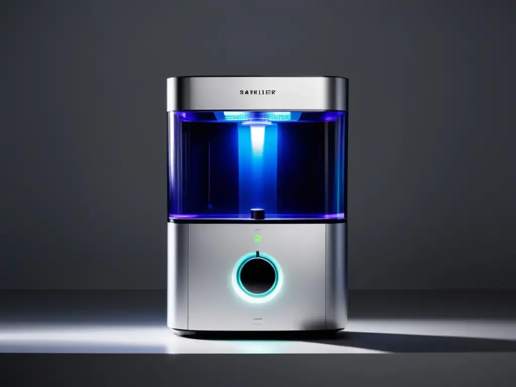 Un purificador de agua con luz UV moderno y elegante, con un suave resplandor ambiental