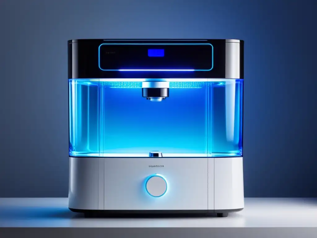 Un purificador de agua con luz UV moderno y elegante, iluminado por una suave luz azul