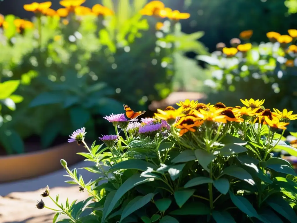 Un jardín rebosante de vida, con flores coloridas, follaje exuberante y polinizadores revoloteando