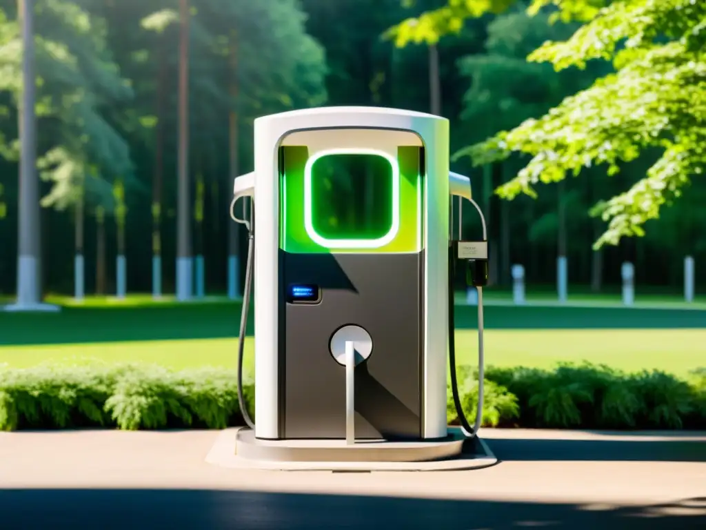 Recarga inteligente vehículos eléctricos sostenibles: Estación de carga para auto eléctrico en bosque vibrante