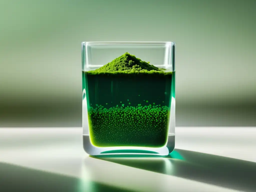 Un recipiente de vidrio moderno y elegante lleno de espirulina verde vibrante, iluminado por el sol, destaca el potencial del cultivo de algas en casa