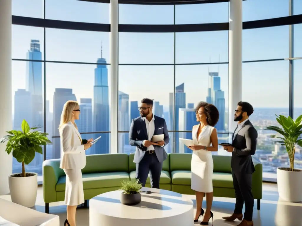 Redes colaborativas energía sostenible: Profesionales en brainstorming en oficina moderna, con luz natural y vista a la ciudad